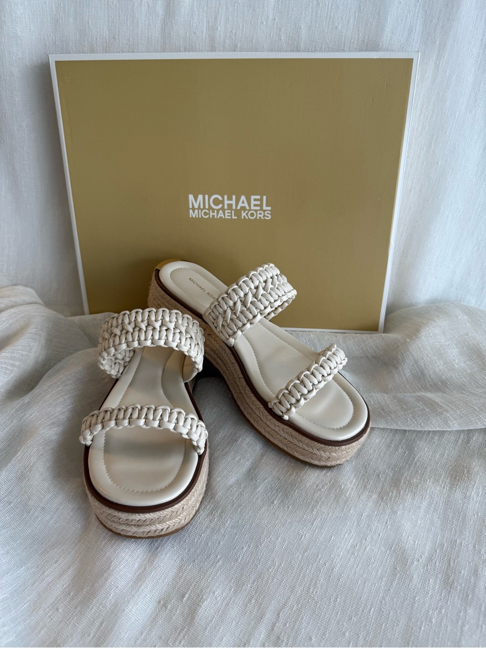 MICHAEL Michael Kors Audrina Cream Braided-Strap Espadrille Slide Sandals